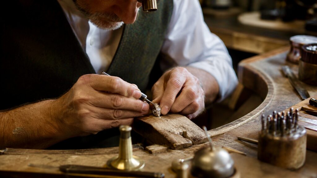 British jeweller working at the bench