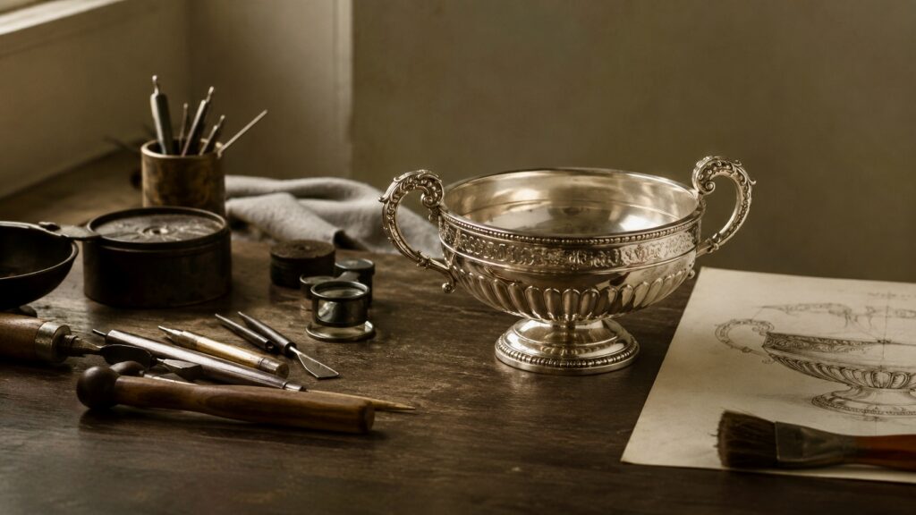 Artisan’s workbench with a silver bowl
