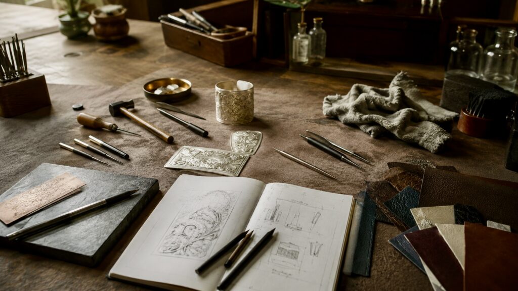 Craftsman’s workshop with tools and sketches